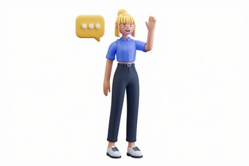 Poster - A 3D cartoon woman waves, a speech bubble floats nearby, suggesting communication or greeting.