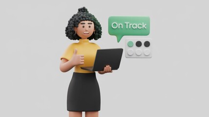 Aufkleber - A 3D animated woman shows a thumbs up while holding a laptop, indicating project completion and being on track.
