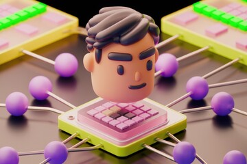 Poster - 3D cartoon man connected to a network of nodes, representing data processing or neural connections.