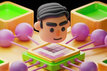 Poster - A 3D cartoon man's head connected to a colorful network, symbolizing connection and data processing.