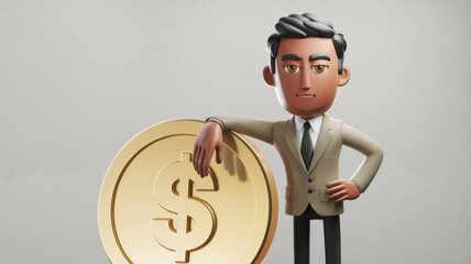 Aufkleber - A 3D cartoon businessman confidently stands beside a large golden dollar coin, symbolizing wealth and success.
