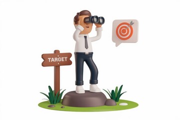 Poster - Businessman uses binoculars to find target, signifying goal-oriented planning and strategic vision.