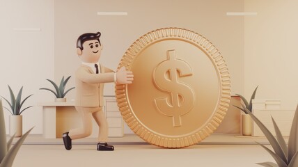 Aufkleber - A 3D cartoon businessman happily pushes a giant gold coin with a dollar sign.