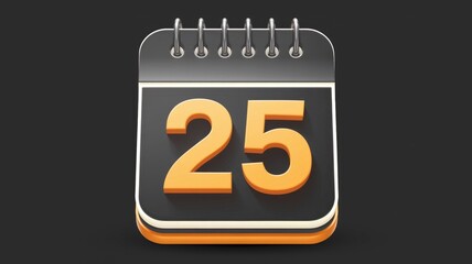 Fototapete - A 3D rendered image of a black calendar page showing the number 25 in orange.