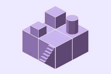 Fototapete - Abstract isometric illustration of purple cubes, cylinder, and stairs, creating a 3D geometric composition.