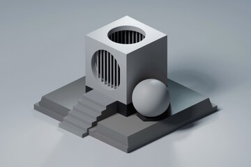Fototapete - Minimalist 3D render of a geometric structure featuring a cube with circular openings, stairs, and a sphere.