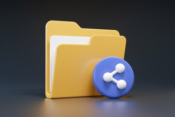 Leinwandbilder - 3D render of a yellow folder with a blue share icon, symbolizing file sharing.