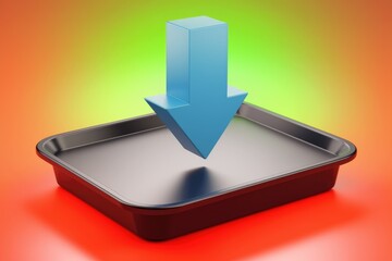 Poster - A 3D render of a blue arrow pointing downwards into a black tray, symbolizing download or input.