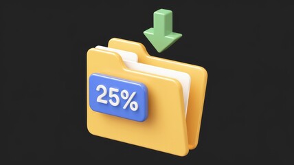 Leinwandbilder - A 3D illustration of a yellow folder with a 25% discount, downloading.