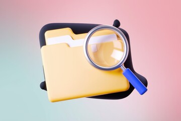 Fototapete - A magnifying glass examines a yellow folder, symbolizing file search or data discovery.