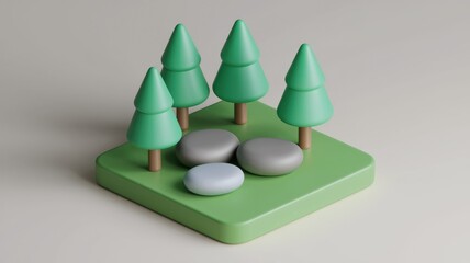 Poster - A miniature 3D rendering of four stylized green trees and three stones on a green square base.