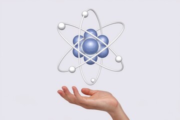 Poster - a hand gently holds a 3d model of an atom, symbolizing science and technology.