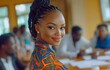 © Music_A - A close-up of a beautiful young smiling professional African woman, with her coworkers holding a meeting in the background