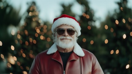 Wall Mural - modern Santa Claus, a stylish, middle-aged, athletic man, with white hair and a large beard, wearing sunglasses