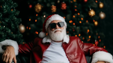 Wall Mural - modern Santa Claus, a stylish, middle-aged, athletic man, with white hair and a large beard, wearing sunglasses