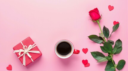 Poster - Coffee cup with red rose on a pink background valentine's day