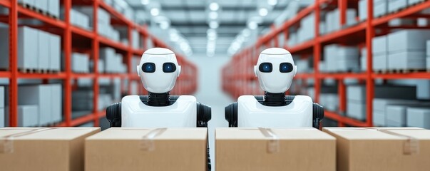Poster - Two humanoid robots stand in a warehouse, holding boxes, with shelves filled with packages in the background, highlighting automation in logistics.