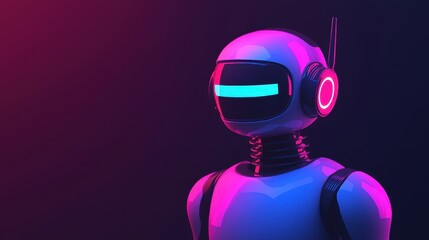 Poster - A futuristic robot with vibrant purple and pink lighting, sporting a sleek design and headphones, against a dark background.