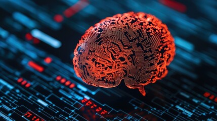 Poster - A vivid digital rendering of a brain in red, set against a backdrop of abstract, glowing data patterns, symbolizing the fusion of neuroscience and technology.