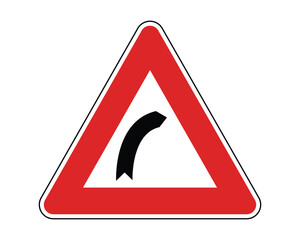 Wall Mural - Caution Sign for Hazardous Road Curve, Featuring Red Triangle and Black Arrow, Indicating Sharp Turn or Limited Visibility Ahead, Available as a Vector File