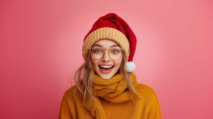 Wall Mural -  woman in santa hat, light pink background