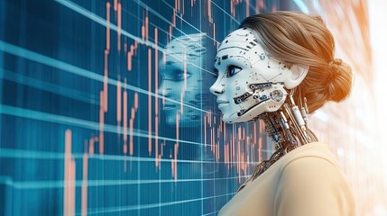 Aufkleber - Intelligent Robot Analyzing Trading Data in a Futuristic Digital Environment