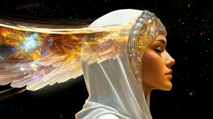 Poster - Wings of Cosmic Energy Illuminate the Serene Face of a Celestial Being in a Vibrant Fantasy Realm