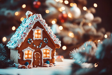 Close up view of gingerbread house on the background of Christmas tree. Xmas tradition