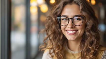 Poster - A woman with a warm smile and stylish glasses, showcasing a confident and approachable demeanor.