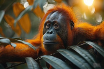 Curious Orangutan Hanging from Tree Branches in Daylight