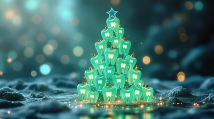 Aufkleber - A glowing teal Christmas tree, adorned with luminous tooth ornaments, creates a festive and healthy holiday scene.