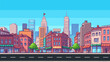 © hiten666 - pixel art game level vector background, 8 bit cityscape, day light city arcade video game, pixelated city with skyscrapers, downtown landscape