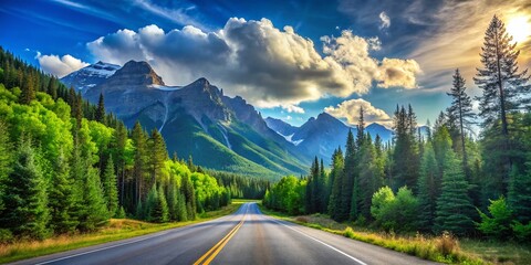 Wall Mural - Scenic Asphalt Road Through Lush Green Forest with Majestic Mountains in the Background Under a Clear Blue Sky - Perfect for Nature and Travel Themes