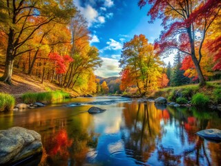 Wall Mural - Serene Autumn Landscape with Vibrant Trees, Flowing Stream, and Lush Greenery Under Clear Blue Sky for Tranquil Nature Photography