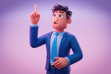Poster - A 3D cartoon businessman in a blue suit has an idea and points upward.