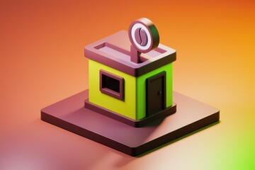 Aufkleber - A minimalist 3D model of a coffee shop, featuring a lime green building with a brown roof and coffee bean signage.