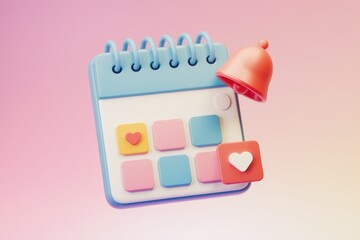 Poster - A 3D rendered calendar with notification bell and heart icons indicating reminders and likes.