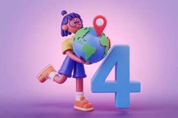 Poster - A 3D animated girl lovingly hugs the Earth, with a location pin and the number 4 nearby.