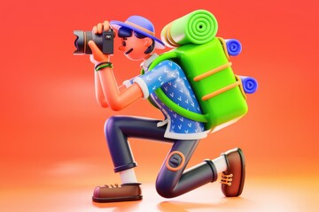 Poster - A 3D cartoon traveler kneels, capturing a moment with his camera, a backpack on his back.
