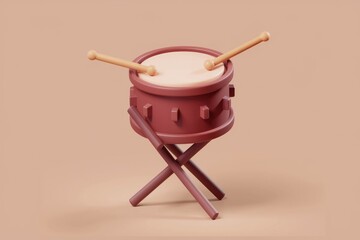 Poster - A 3D rendered image of a small, red drum with two drumsticks on a stand.