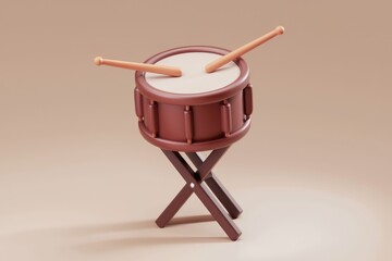 Poster - A brown cartoon drum with two drumsticks rests on a simple X-shaped stand.
