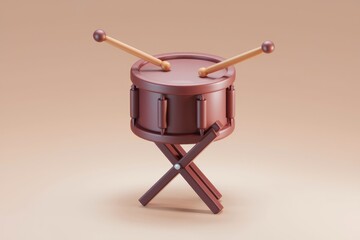 Poster - A brown snare drum with wooden sticks rests on a simple X-shaped stand.