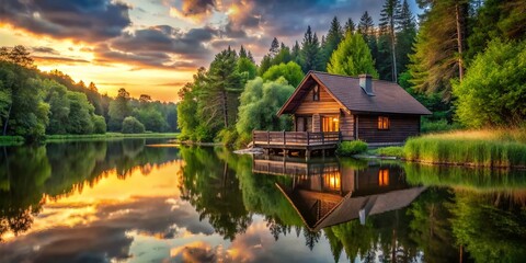 Wall Mural - Serene Wooden Cottage Surrounded by Nature and Reflecting Lake Waters in a Tranquil Urban Exploration Scene