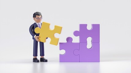 Aufkleber - A 3D cartoon businessman fits a yellow puzzle piece into a purple structure, symbolizing problem-solving and teamwork.