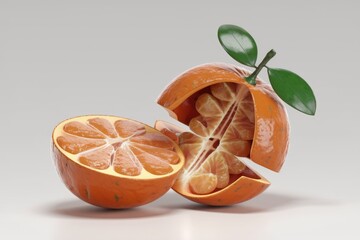 Poster - A 3D render of a segmented orange, artistically split, showcasing its vibrant interior and fresh leaves.