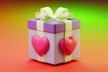 Poster - A purple gift box with a white ribbon and two pink hearts.