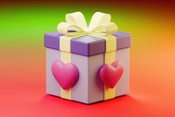 Poster - A purple gift box with a yellow ribbon and pink hearts, symbolizing love and gifting.