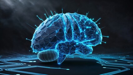 Poster - Low poly brain or Artificial intelligence concept. Symbol of Wisdom point. Abstract vector image of a human Brine. 