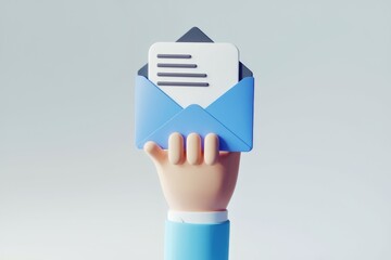 Poster - A 3D cartoon hand holds a blue envelope with a message, symbolizing email correspondence.