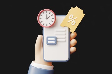 Poster - A hand holds a smartphone displaying a clock, discount coupon, signifying time-sensitive deals.